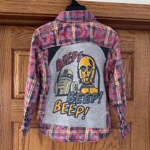 Repurposed Kids Plaid Flannel Shirt with Graphic Back Panel - Red, Yellow, Gray